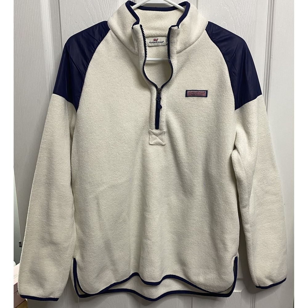 Vineyard Vines Men Fleece Pullover Ivory&Blue 1/2 Zip Sweatshirt M EUC Chest 42"